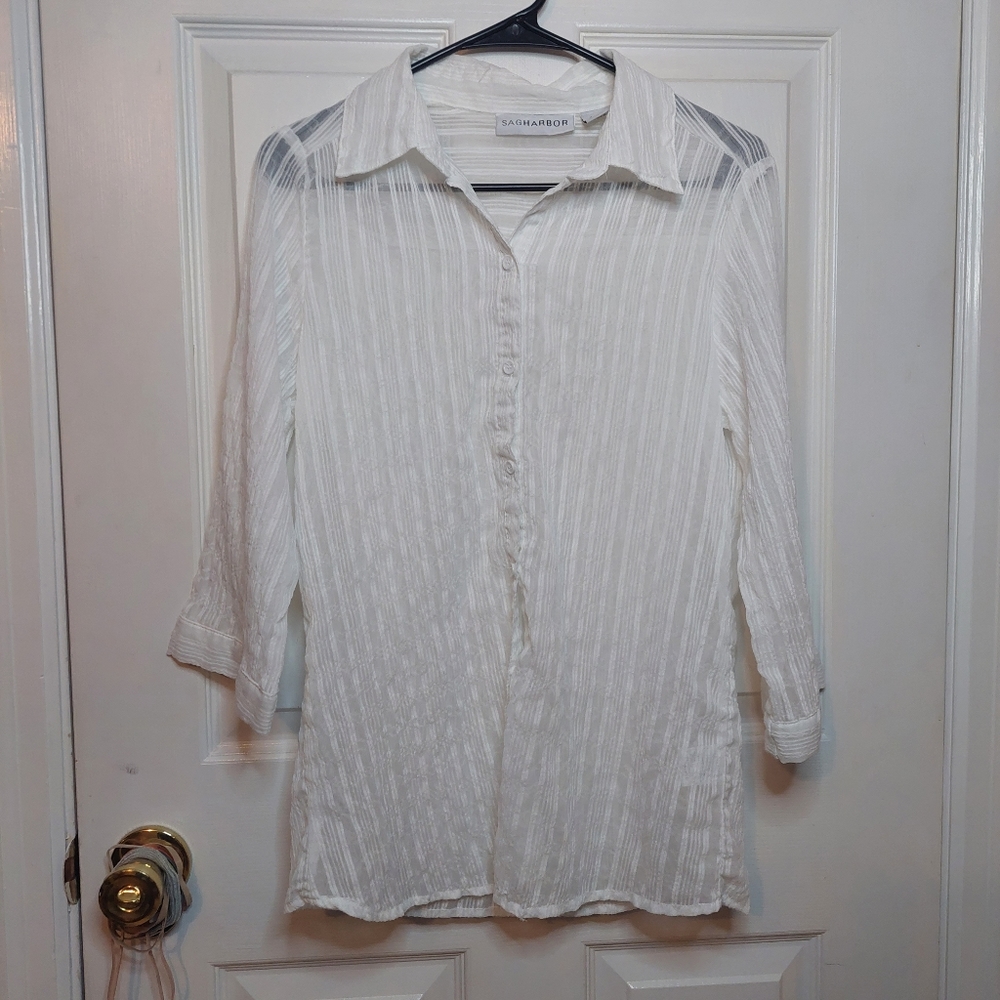 Sag Harbor White Sheer Striped Button Up Blouse 3/4 Roll Tab Sleeves Size S